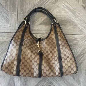 Gucci Tan Monogram GG Joy Shoulder Bag with Dark Brown Leather Trim